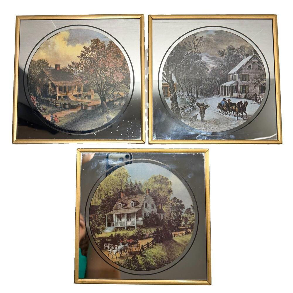 Vintage Currier and Ives Four Seasons Mirror Gold Framed Prints Set of 3 8x8in